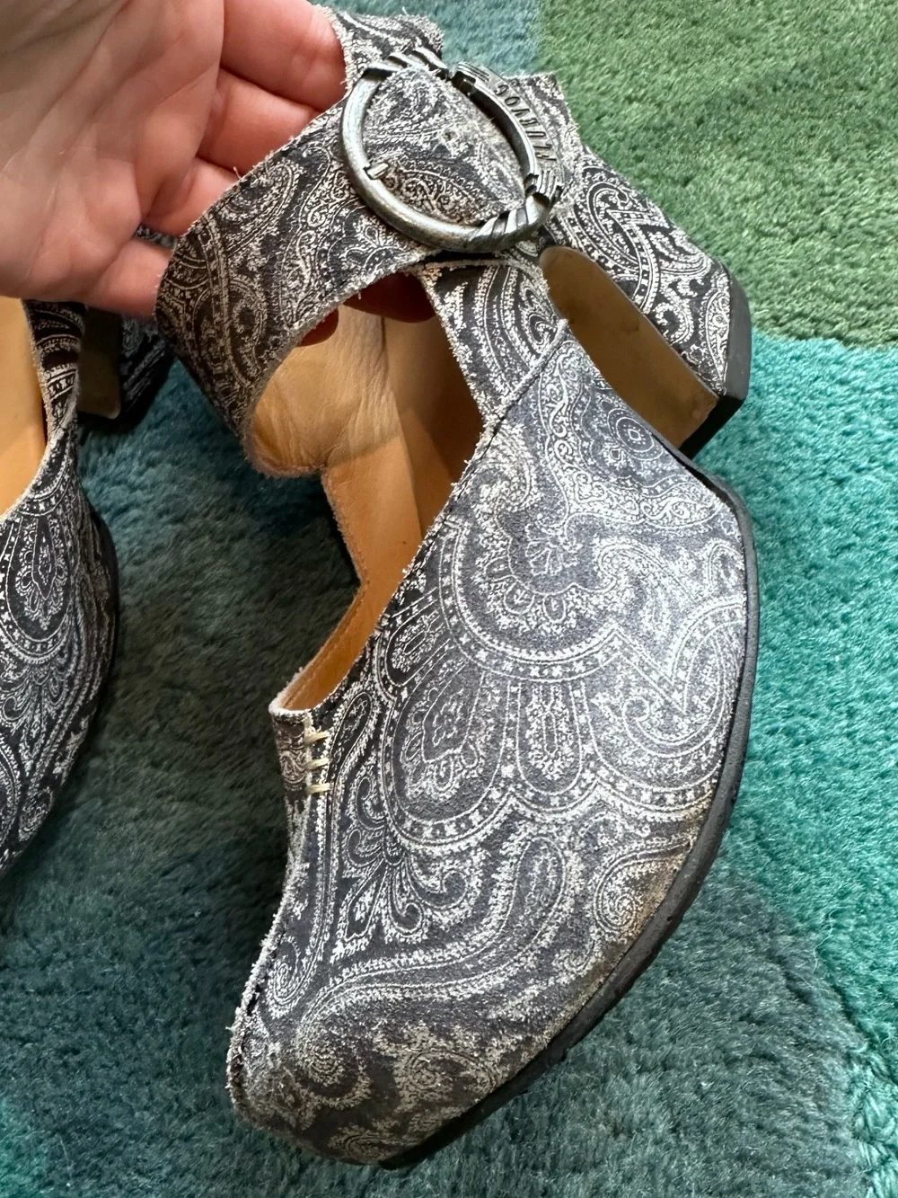 Fluevog Prepare Guide dark gray paisley suede platform slingback -7.5 (fits 7)